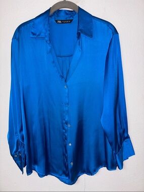Zara Cobalt Blue Satin Button-Down Shirt XS